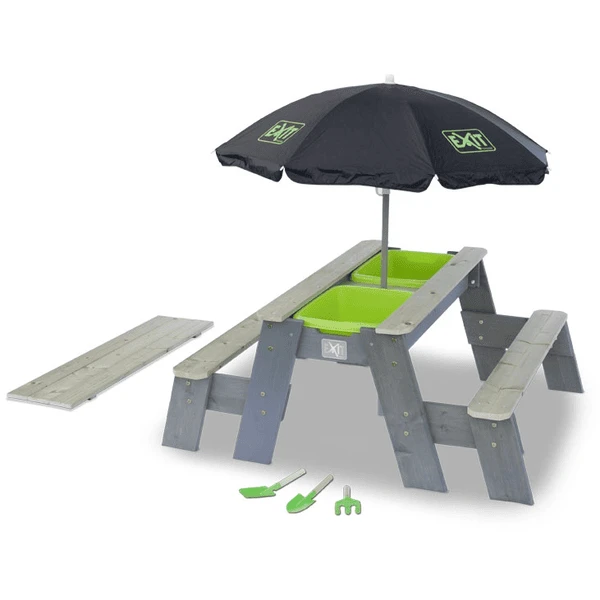 EXIT TOYS EXIT Aksent Zand-, Water- En Picknicktafel (2 Bankjes) Met Parasol En Tuingereedschap 3 EXIT TOYS EXIT Aksent Zand-, Water- En Picknicktafel (2 Bankjes) Met Parasol En Tuingereedschap